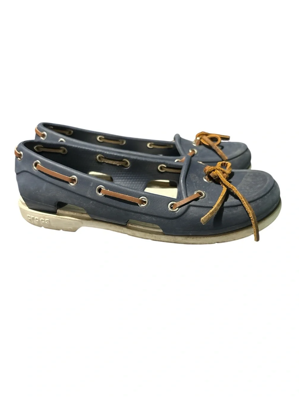 Crocs Navy Blue Boat Shoes with Tan Laces 6 (fits 6-6.5)